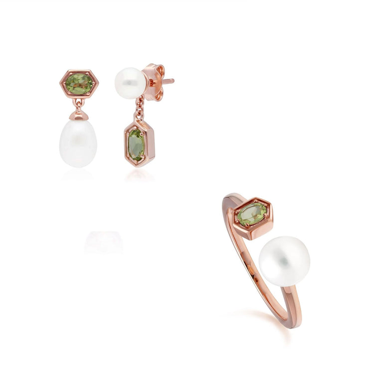 Bague et Boucles d'Oreilles Perle Moderne Argent 925 Doré à l'Or Fin Rose Péridot et Perle