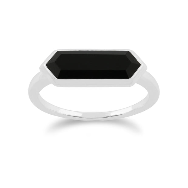 Bague Géométrique Argent Onyx Noir Hexagonal