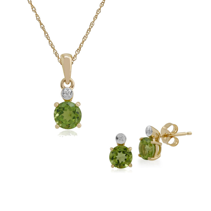 Pendentif et Boucles d'Oreilles Clou Classique Or Jaune 375 Péridot Ronde et Diamant