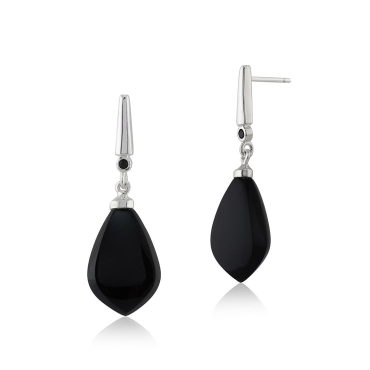 Boucles d'Oreilles Pendantes Style Art Déco Argent 925 Onyx Noir Poire et Spnielle Noir