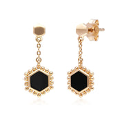 Boucles d'Oreilles Pendantes Flat Slice Hexagone Argent 925 Doré à l'Or Fin Onyx Noire