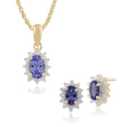 Pendentif et Boucles d'Oreilles Clou Classique Or Jaune 375 Tanzanite Ovale et Diamand Halo style Cluster