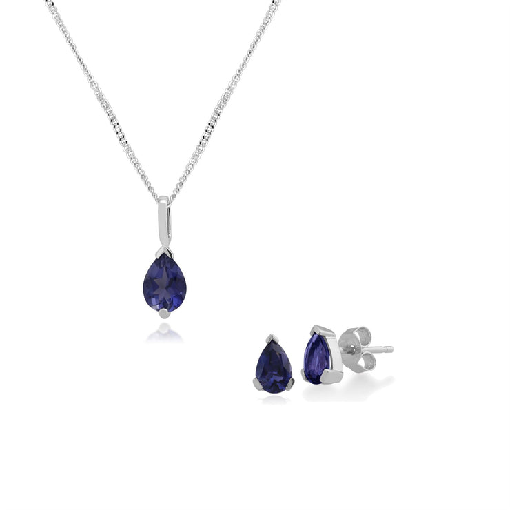 Pendentif et Boucles d'Oreilles Clou Classique Or Blanc 375 Ioloite Poire