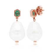 Boucles d'Oreilles Perle Moderne Argent 925 Plaqué Or Rose Perle et Emeraude