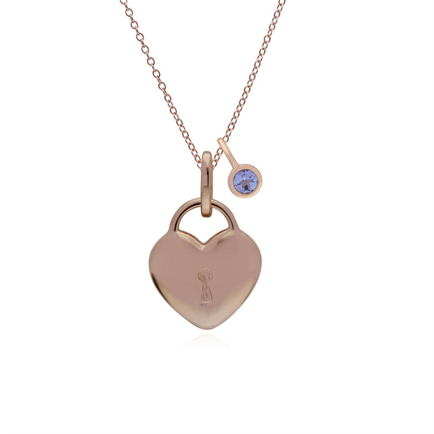 Pendentif Classique Cadenas Cœur Argent 925 Plaqué Or Rose et Charms Tanzanite