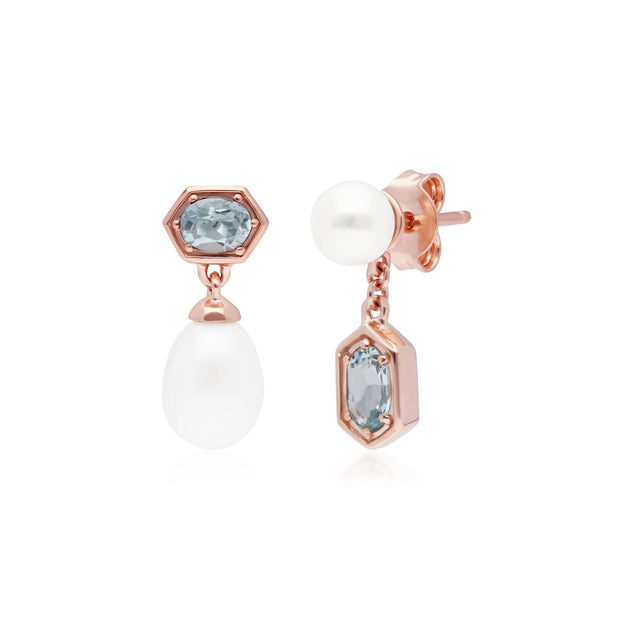 Boucles d'Oreilles Asymétrique Perle Moderne Argent 925 Plaqué Or Rose Perle et Aigue-Marine