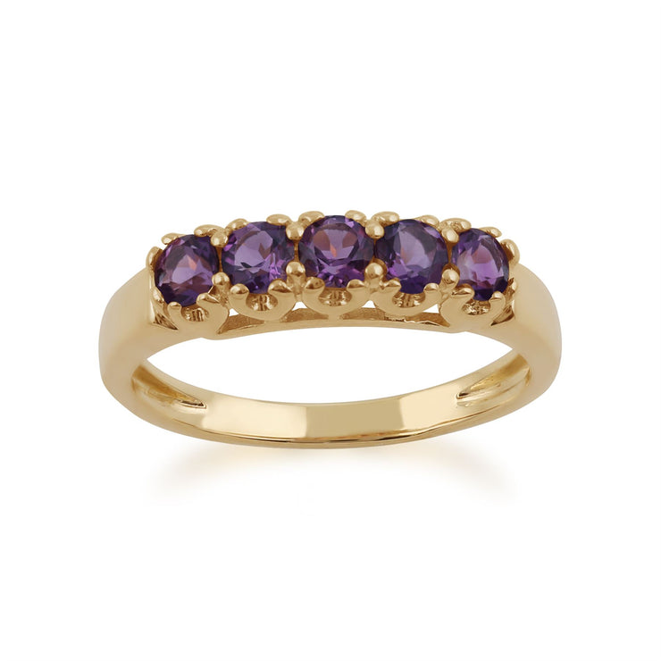 JAUNE 9 Ct Or 0.47ct NATURAL AMETHYST classique cinq Pierre Bague Style