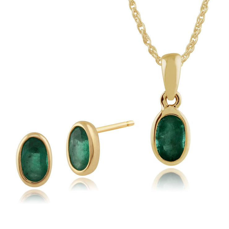 Pendentif et Boucles d'Oreilles Clou Classique Or Jaune 375 Emeraude ovale serti Clos
