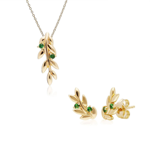 Boucles d'Oreilles Clou et Pendentif O Leaf Argent 925 Plaqué Or Tsavorite
