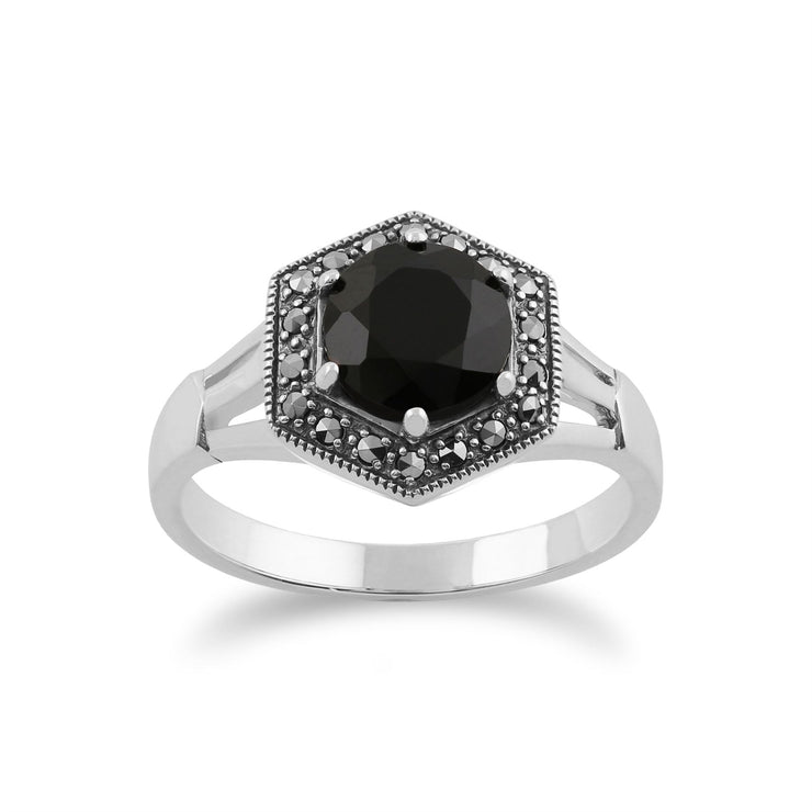 Gemondo Art Déco Bague, 925 Sterling Silver Art Déco Noir Spinelle & Marcassite Bague