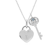 Pendentif Classique Cadenas Cœur Argent 925 et Charms Grande Clé Aigue-Marine