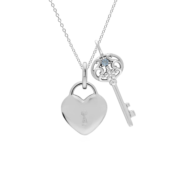 Pendentif Classique Cadenas Cœur Argent 925 et Charms Grande Clé Aigue-Marine