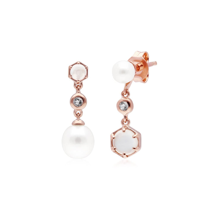 Boucles d'Oreilles Asymétriques Perle Moderne Pendantes Argent 925 Plaqué Or Rose Perle, Pierre de Lune et Topaze