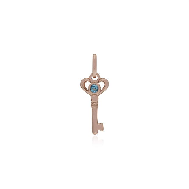 Pendentif Classique Argent 925 Plaqué Or Rose Petite Clé avec Topaz Bleu Rond