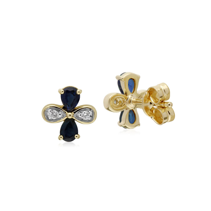Saphir Boucles D'Oreilles, 9 CT Saphir or Jaune & Diamant Floral Boucles D'Oreilles