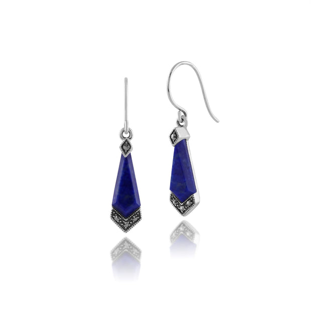 Boucles d'Oreilles Pendantes Style Art Déco Argent 925 Lapis Lazuli Cabochon Diamant et Marcassite