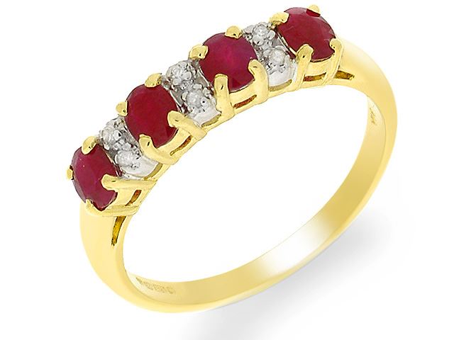 Bague Classique Demi-Eternité Or Jaune 375 Rubis et Diamant