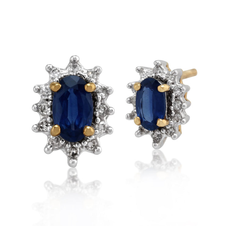 Boucles d'Oreilles Clou Classique Or Jaune 375 Saphir Bleu Clair Oval et Diamant