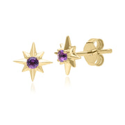 Boucles d'Oreilles Clou Etoile Night Sky en Or Jaune 9 Carats avec Améthyste