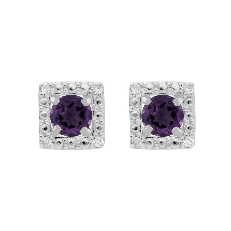 Boucles d'Oreilles Clou Améthyste Classique Or Blanc 375 et Ear-Jacket Carré Diamant