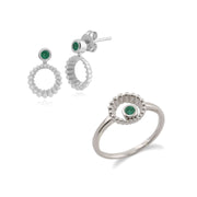 Bague et Boucles d'Oreilles Clou Classique Argent 925 Emeraude Halo serti Clos
