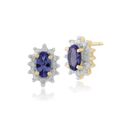 Pendentif et Boucles d'Oreilles Clou Classique Or Jaune 375 Tanzanite Ovale et Diamand Halo style Cluster
