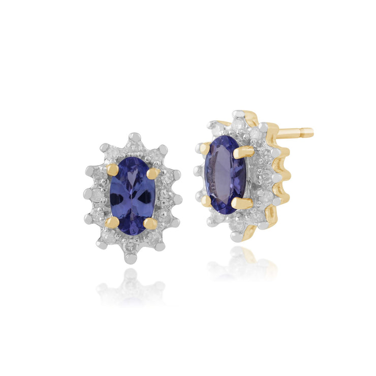 Pendentif et Boucles d'Oreilles Clou Classique Or Jaune 375 Tanzanite Ovale et Diamand Halo style Cluster
