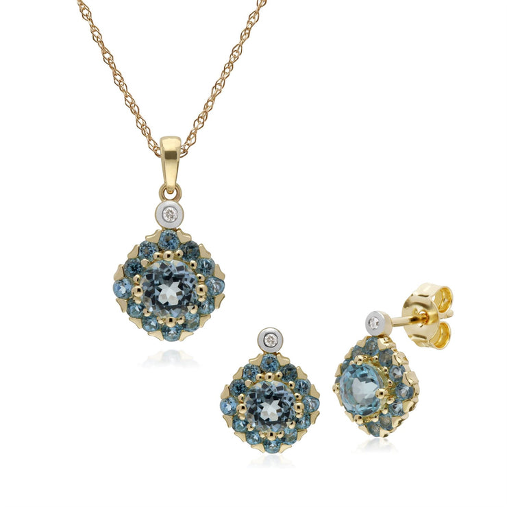 Boucles d'Oreilles Clou et Pendentif Carré Classique Or Jaune 375 Topaze Bleue et Diamant Cluster