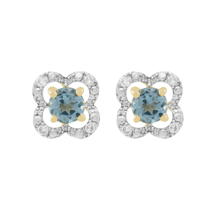 Boucles d'Oreilles Clou Topaze Bleue Classique Or Jaune 375 et Ear-Jacket Fleur Diamant
