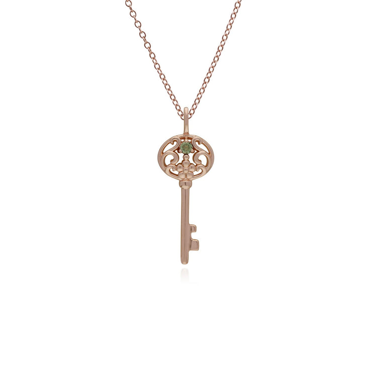 Pendentif Classique Cadenas Cœur Torsadé Argent 925 Plaqué Or Rose et Charms Grande Clé Péridot