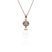Pendentif Moderne Perle Argent 925 Plaqué Or Rose Perle et Aigue-Marine Hexagonal