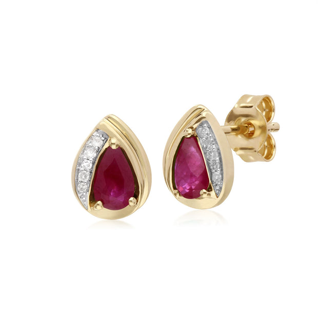 Rubis Boucles D'Oreilles, 9 CT Rubis or Jaune & Diamant Poire Boucles D'Oreilles Classiques