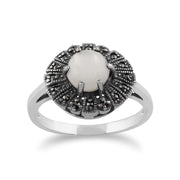 Gemondo Art Déco Bague, en Argent Sterling 925 0,85ct Nacre & Marcassite Art Déco Bague