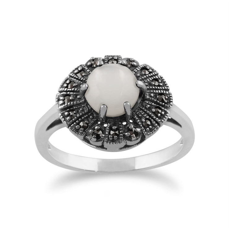 Gemondo Art Déco Bague, en Argent Sterling 925 0,85ct Nacre & Marcassite Art Déco Bague