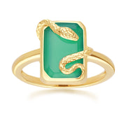 Bague Grand Deco Serpent Enroulé en  Calcédoine Verte et en Argent Doré à l'Or Fin