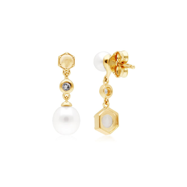 Boucles d'Oreilles Pendantes Asymétrique Perle Moderne Argent 925 Plaqué Or Perle, Opale et Topaze