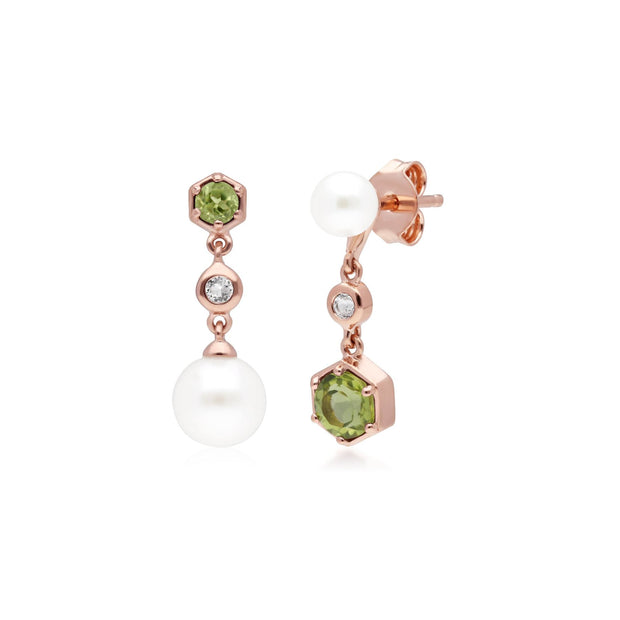 Boucles d'Oreilles Pendantes Asymétriques Perle Moderne Argent 925 Plaqué Or Perle, Péridot et Topaze