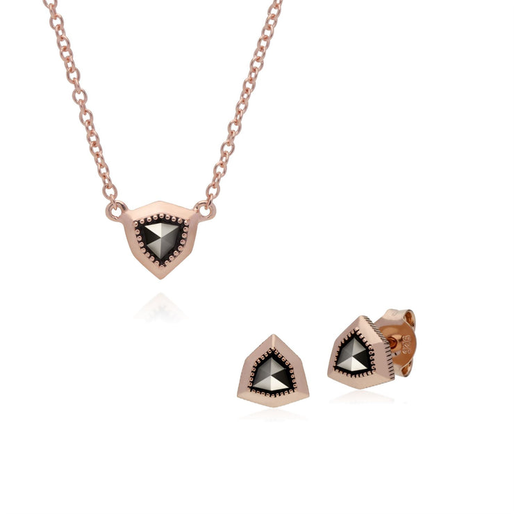 Boucles d'Oreilles Clou et Collier Bouclier Argent 925 Plaqué Or Rose Marcassite