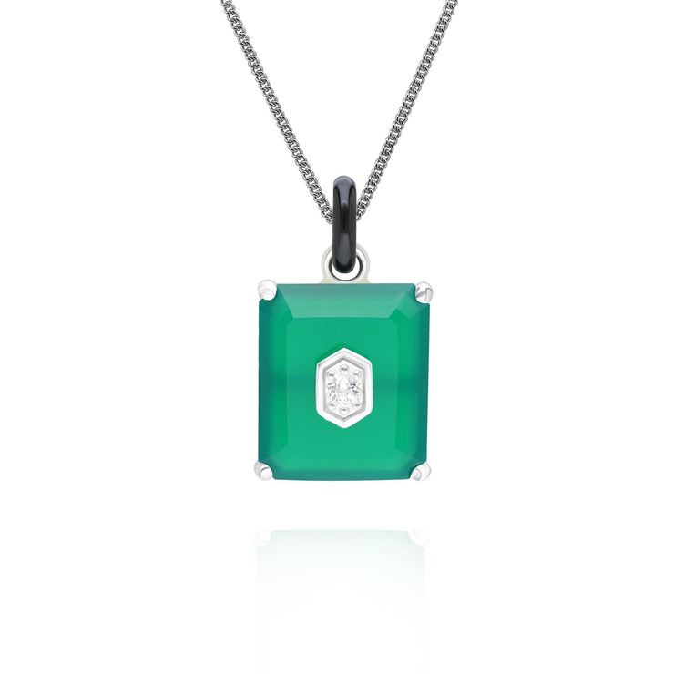 Pendentif Grand Deco en Email Noir, Calcédoine Verte et Topaze en Argent Sterling