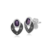 Boucles d'Oreilles Clou Style Srt Déco Argent 925 Améthyste Oval et Marcassite