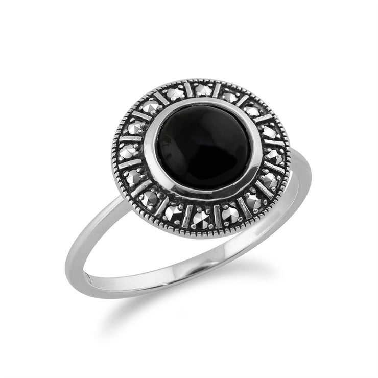 Gemondo 925 Sterling Silver Art Déco 1.20ct Onyx Noir & Marcassite Bague