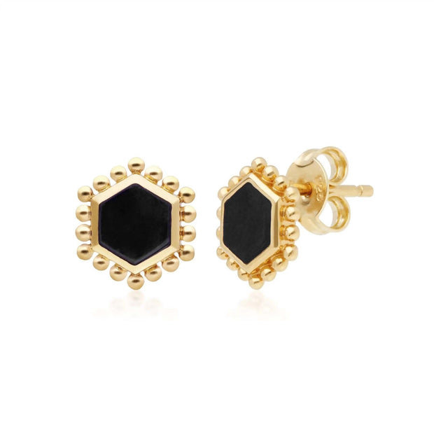 Boucles d'Oreilles Clou Flat Slice Hexagone Argent 925 Plaqué Or Onyx Noire