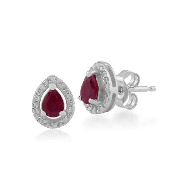 Boucles d'Oreilles Clou Classique Or Blanc 375 Rubis Poire et Diamant Halo