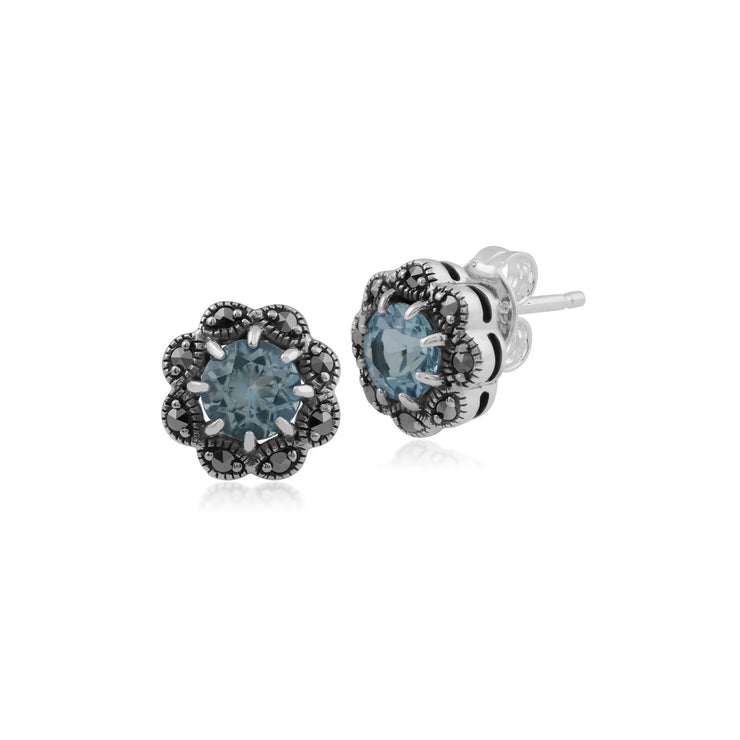 Boucles d'Oreilles Clou Floral Argent 925 Topaze Bleue et Marcassite Style Cluster