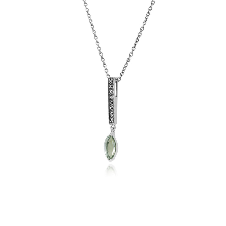 Collier Barre Style Art Déco Argent 925 Quartz Marquise Vert et Marcassite