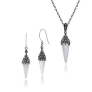 Collier et Boucles d'Oreilles Pendantes Style Art Déco Argent 925 Nacre Cabochon et Marcassite