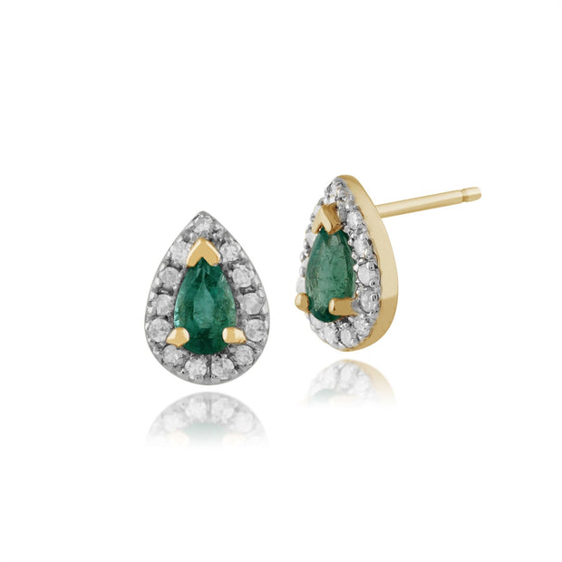 Boucles d'Oreilles Clou Classique Or Jaune 375 Emeraude Poire et Diamant Style Cluster