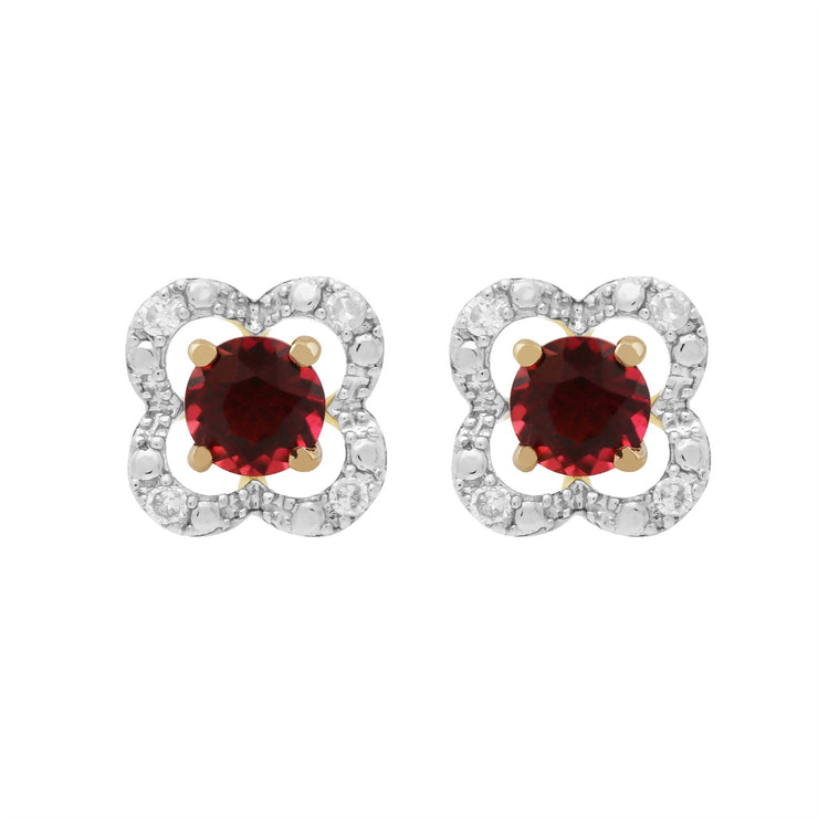 Boucles d'Oreilles Clou Tourmaline Rose Classique Or Jaune 375 et Ear-Jacket Fleur Diamant