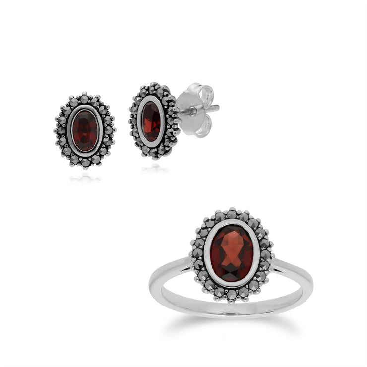 Bague et Boucles d'Oreilles Clou Style Art Déco Argent 925 Grenat Oval et Marcassite Halo