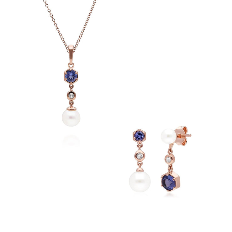 Pendentif et Boucles d'Oreilles Perle Moderne Argent 925 Doré à l'Or Fin Rose Tanzanite, Topaze et Perle